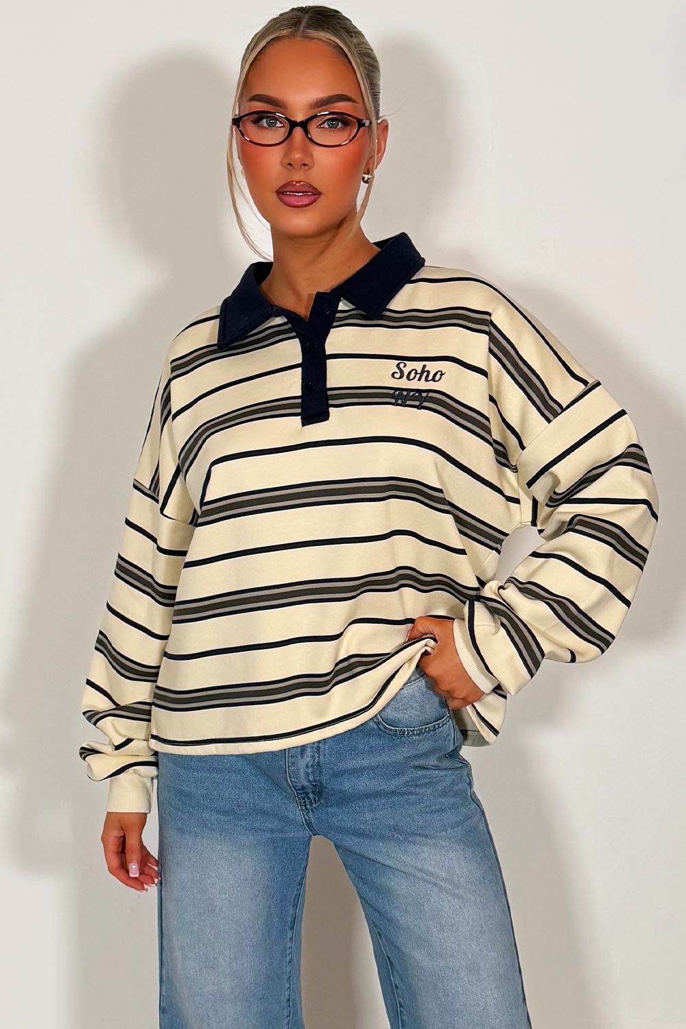 womens long sleeve jumper collared striped sweatshirt styledup