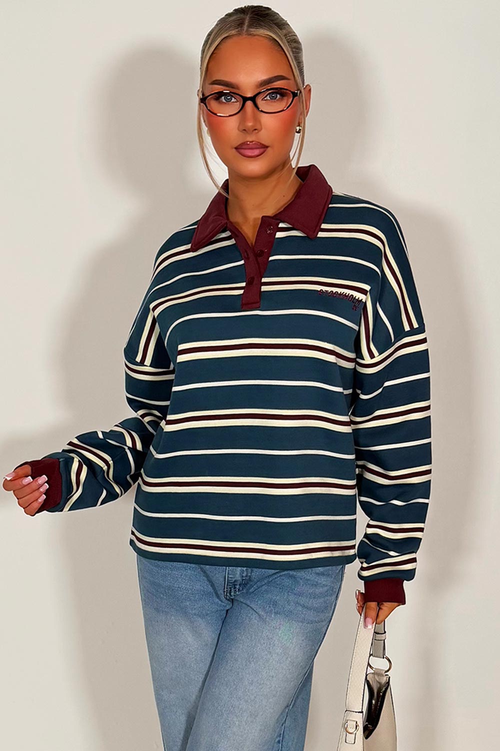 womens striped collared long sleeve jumper styledup