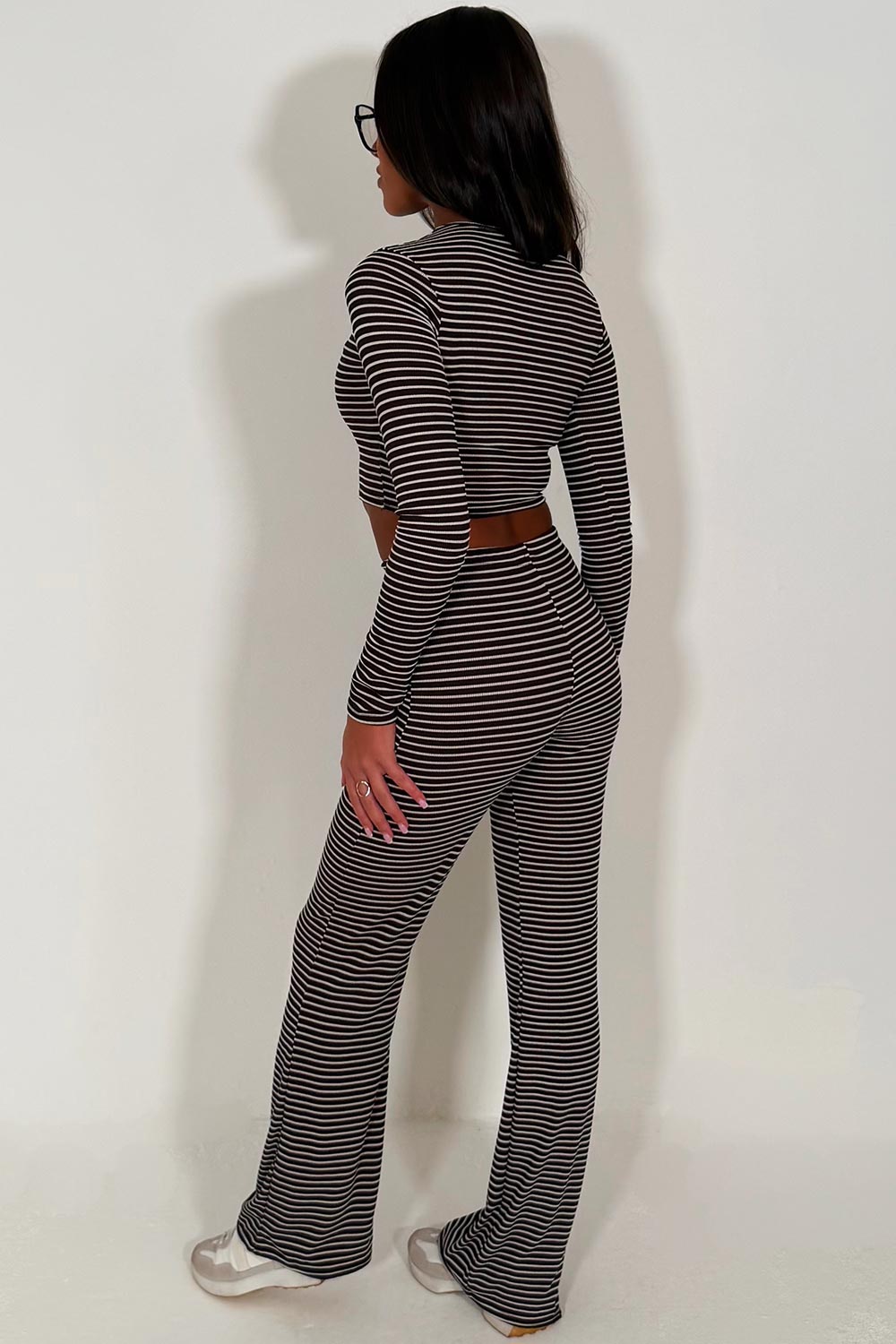striped lounge set brown co ord crop top with long sleeves and wide leg trouser set for womens styledup