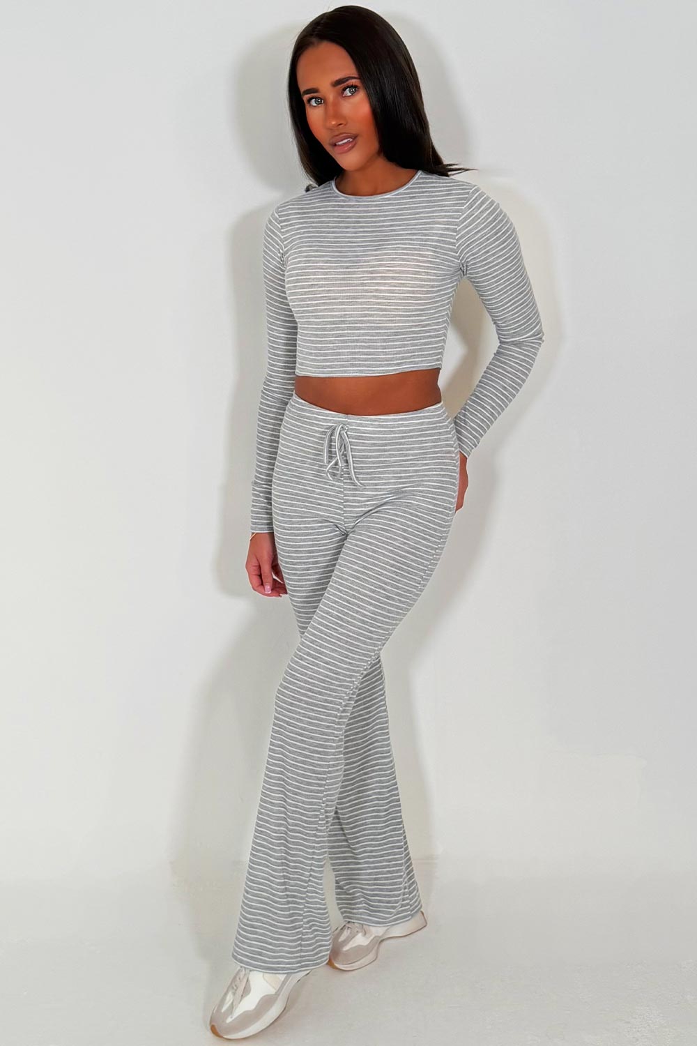 striped wide leg trouser and long sleeve crop top co ord lounge set for womens styledup