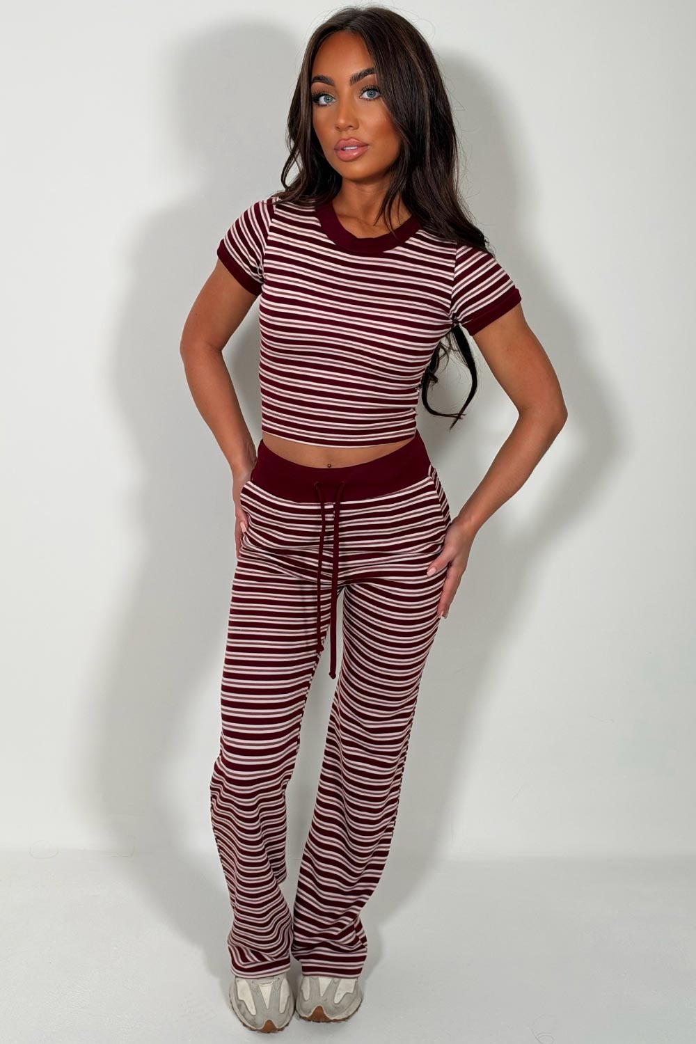 womens burgundy white striped knitted lounge set styledup uk