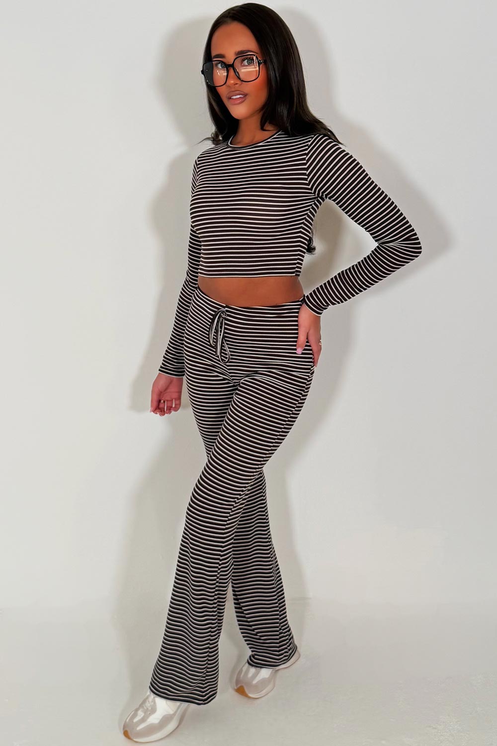 striped wide leg trouser and long sleeve crop top co ord lounge set for womens styledup