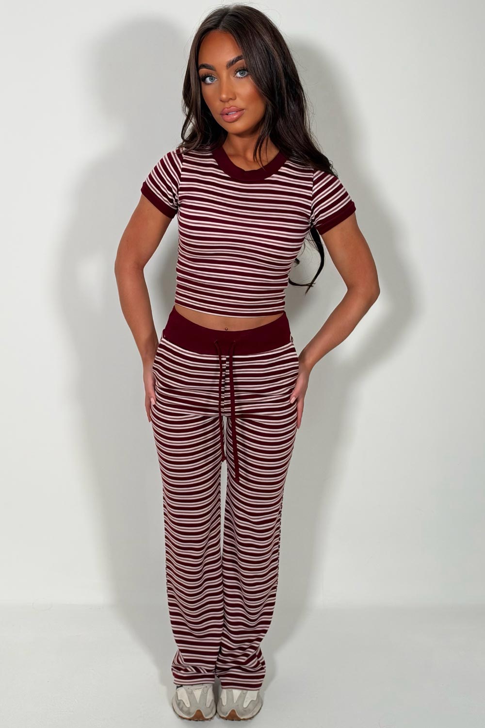 womens burgundy knitted top and trouser co ord set styledup uk