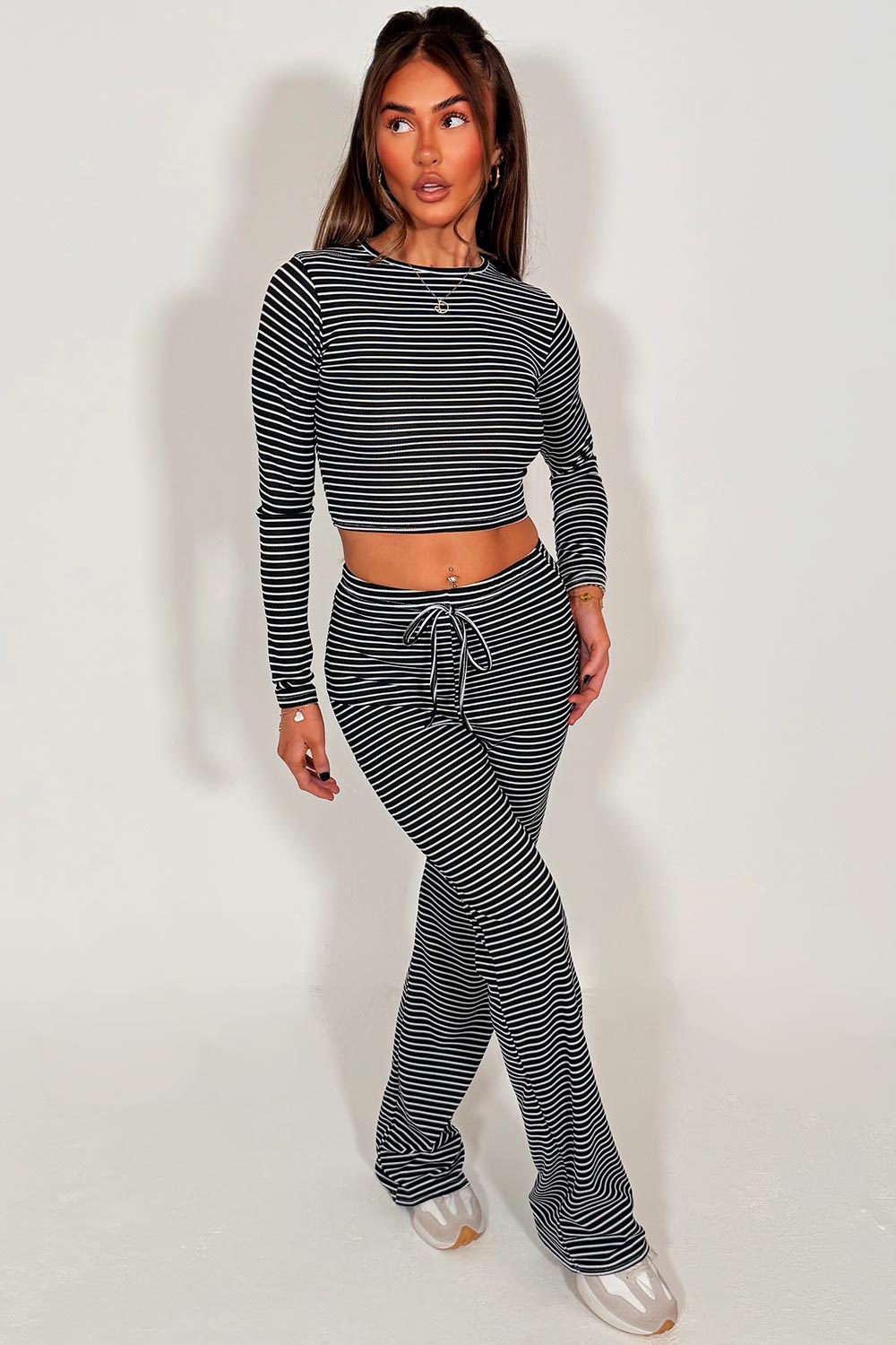 womens wide leg jogger and long sleeve top with stripes lounge set co ord styledup