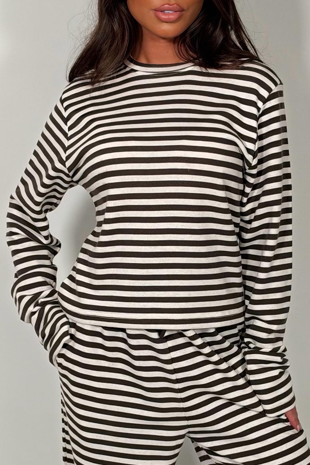 womens brown striped long sleeve top and wide leg trousers two piece loungewear set casual everyday airport outfit uk