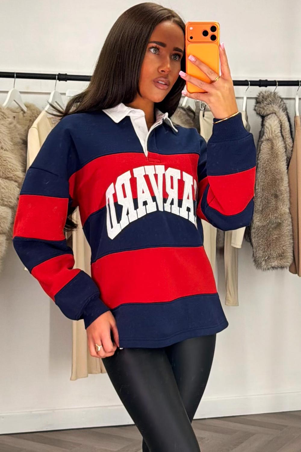 womens long sleeve oversized sweatshirt with collar harvard slogan styledup