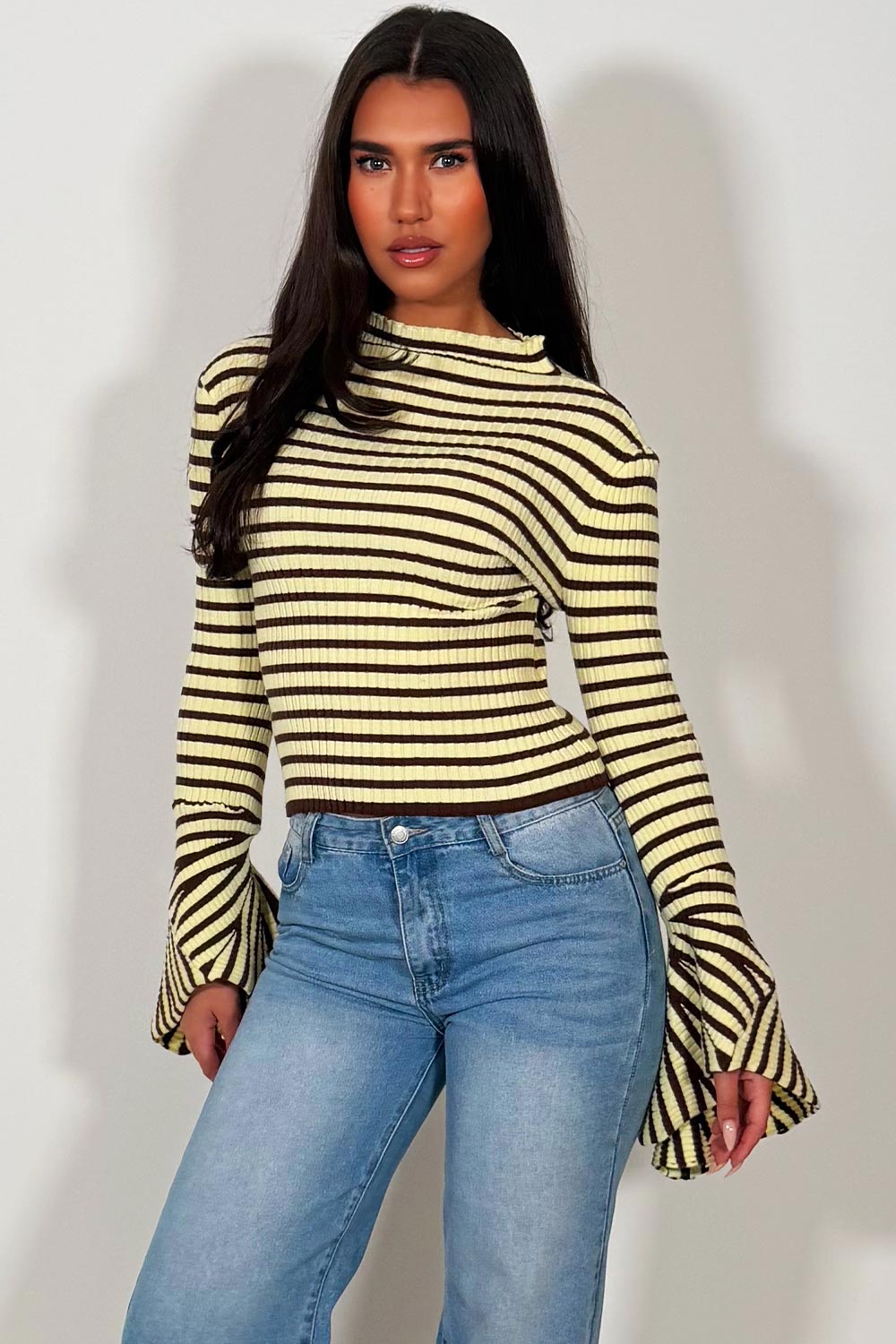 womens long sleeve ribbed striped top with flare cuff zara uk