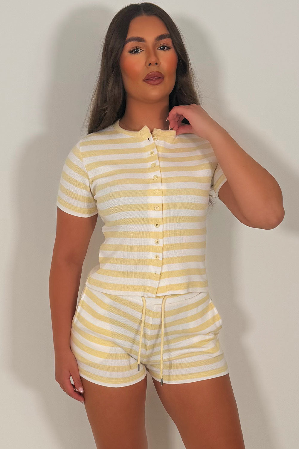 molly mae button up short sleeve striped top and shorts two piece set styledup summer holiday outfit uk styledup