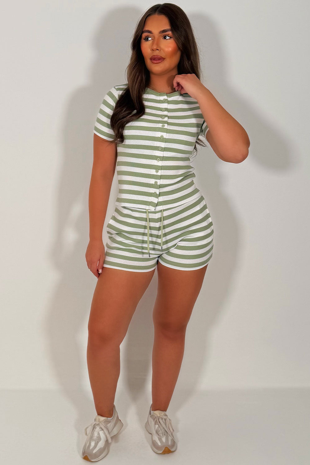 womens striped rib button up top and shorts tracksuit loungewear set zara uk