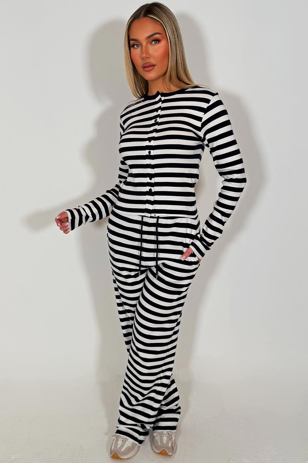 striped lounge set black co ord button up top with long sleeves and wide leg trouser set for womens styledup