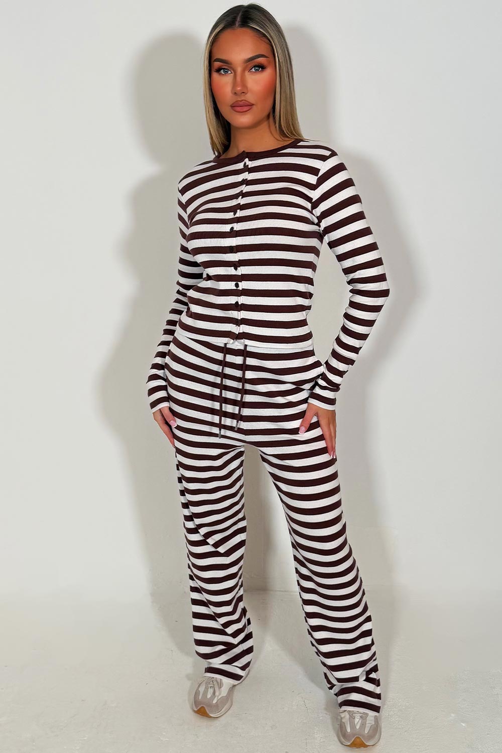 striped wide leg trouser and long sleeve button up top co ord lounge set for womens styledup