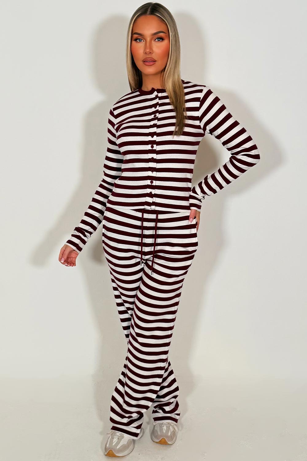 womens burgundy striped lounge set long sleeve button up top and wide leg trouser co ord set styledup