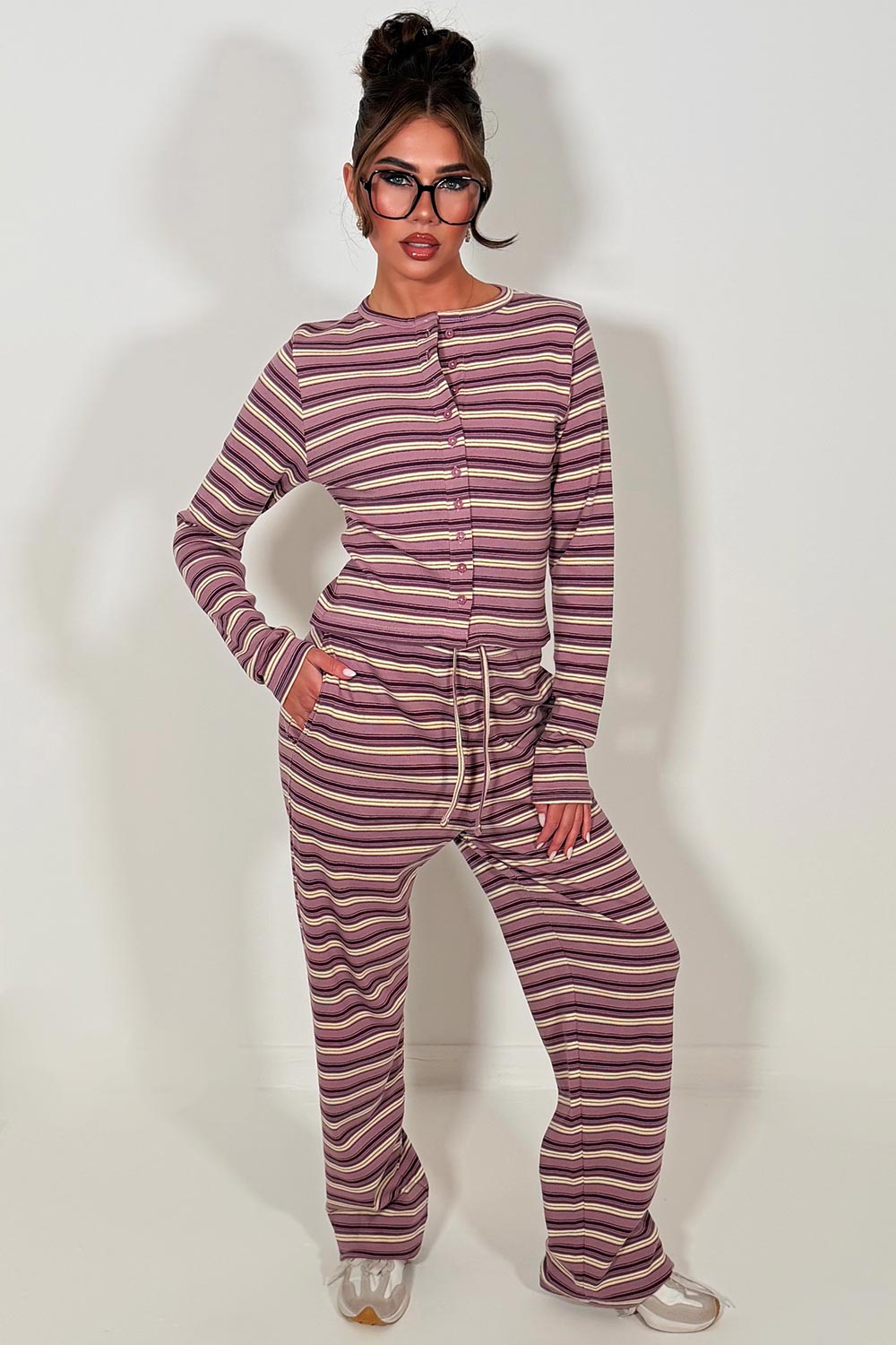 striped button up long sleeve top and trousers loungewear co ord set molly mae airport outfit