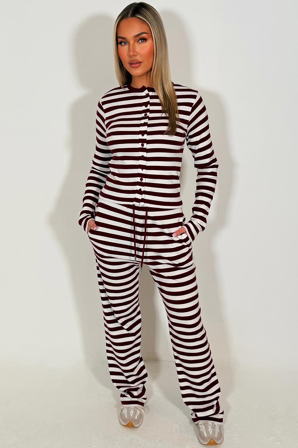 womens burgundy striped lounge set styledup