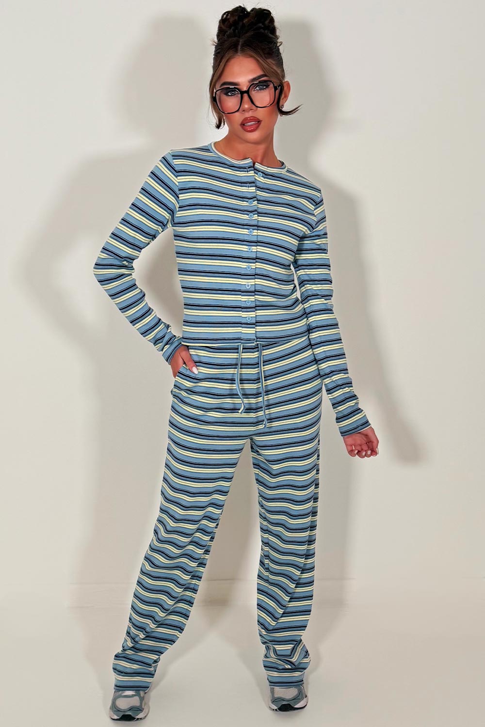 womens button up striped lounge set casual airport outfit