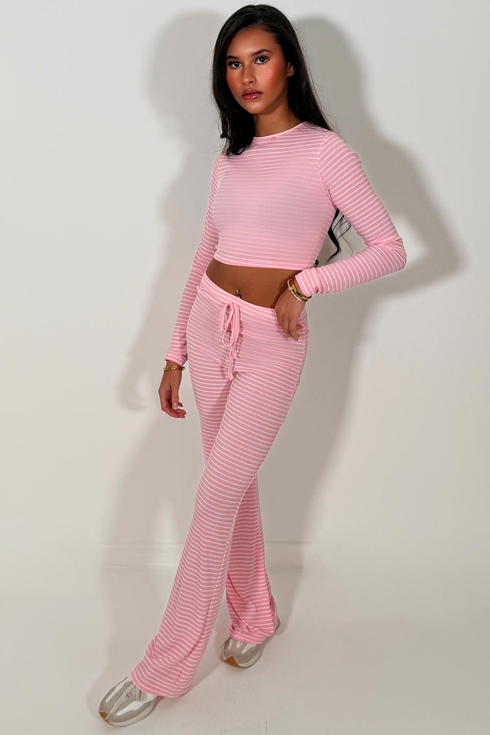 striped wide leg trouser and long sleeve crop top co ord lounge set for womens styledup