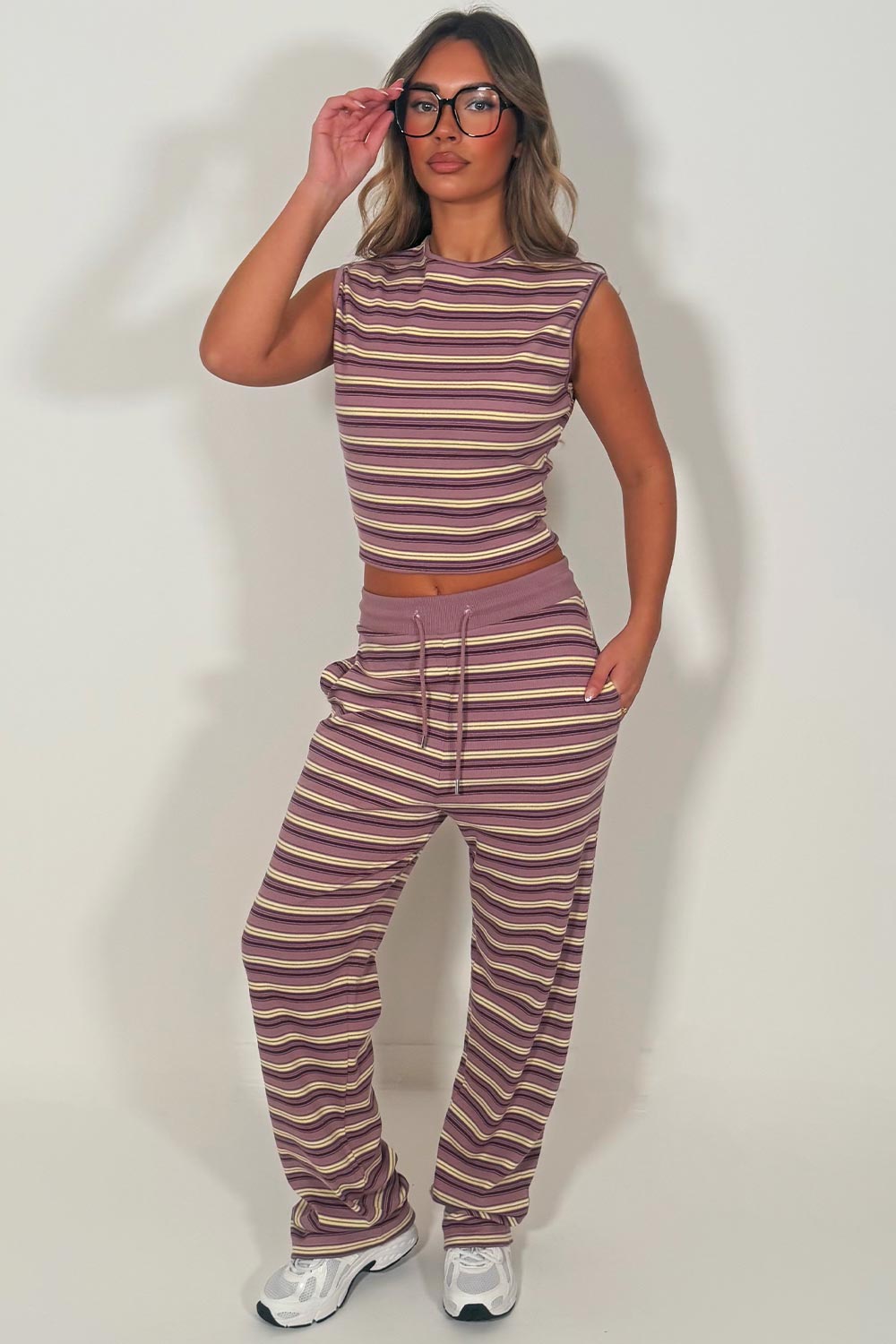 womens striped round neck sleeveless top and trouser co ord set casual everyday comfy outfit for womens styledup