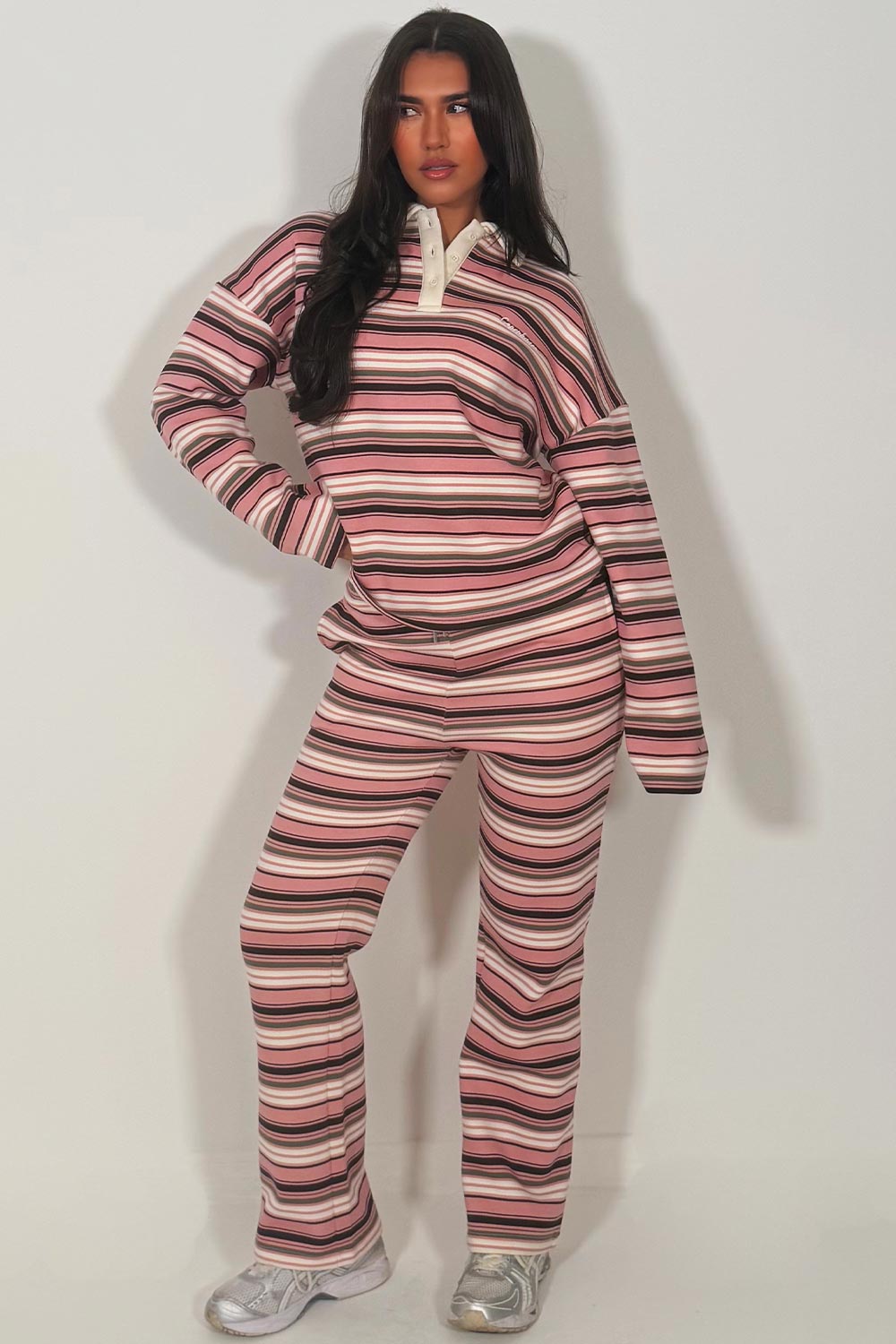 striped wide leg joggers and collared sweatshirt jumper co ord tracksuit set styledup