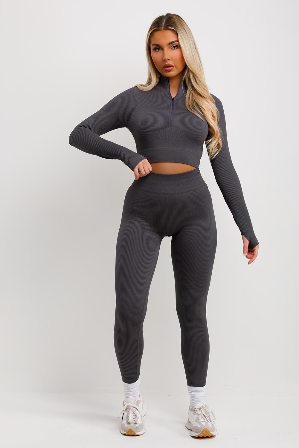 womens crop half zip tracksuit charcoal grey