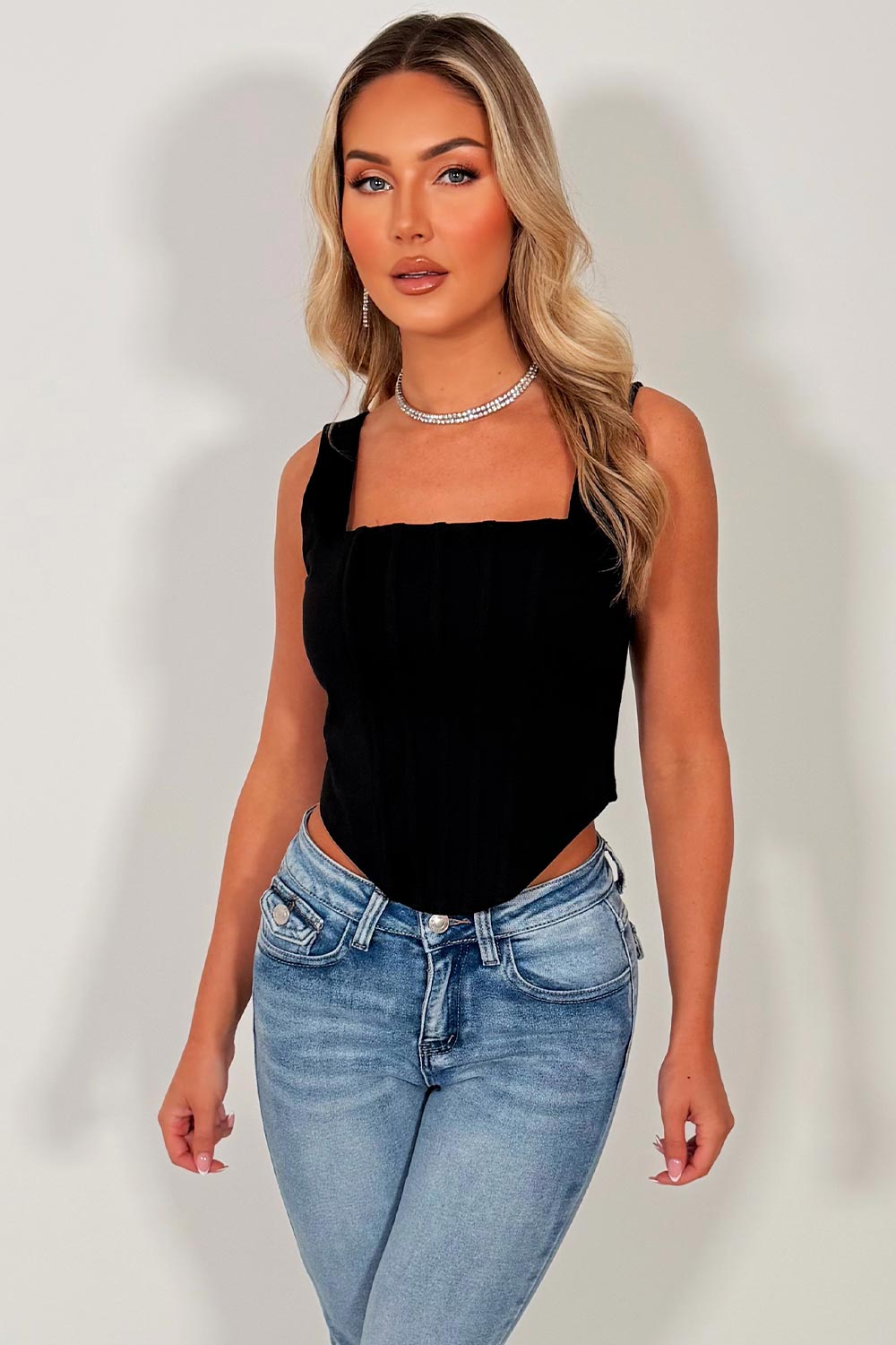 black corset top with tie up back festival holiday going out top styledup uk
