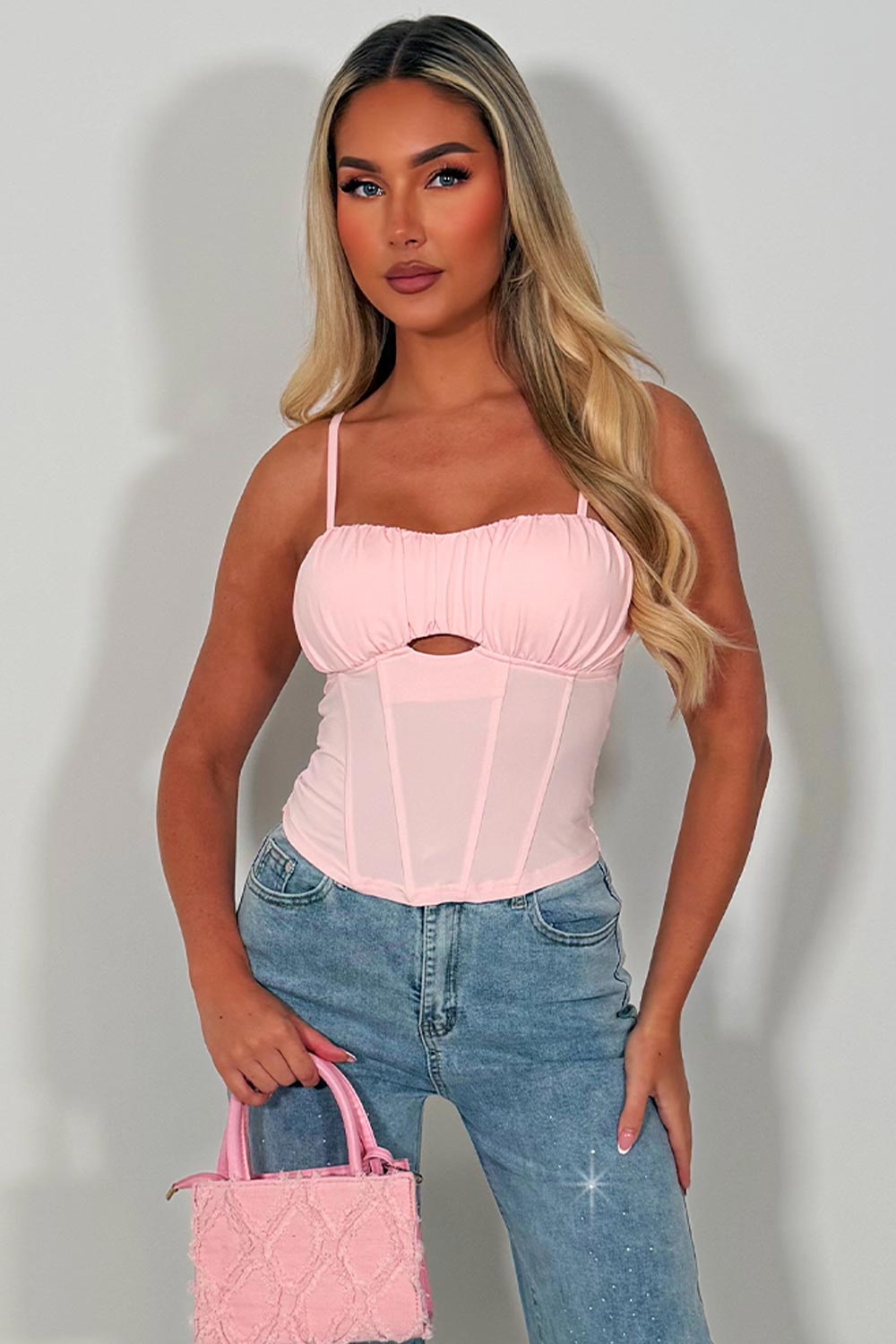 pink corset top with straps going out festival night out outfit styledup