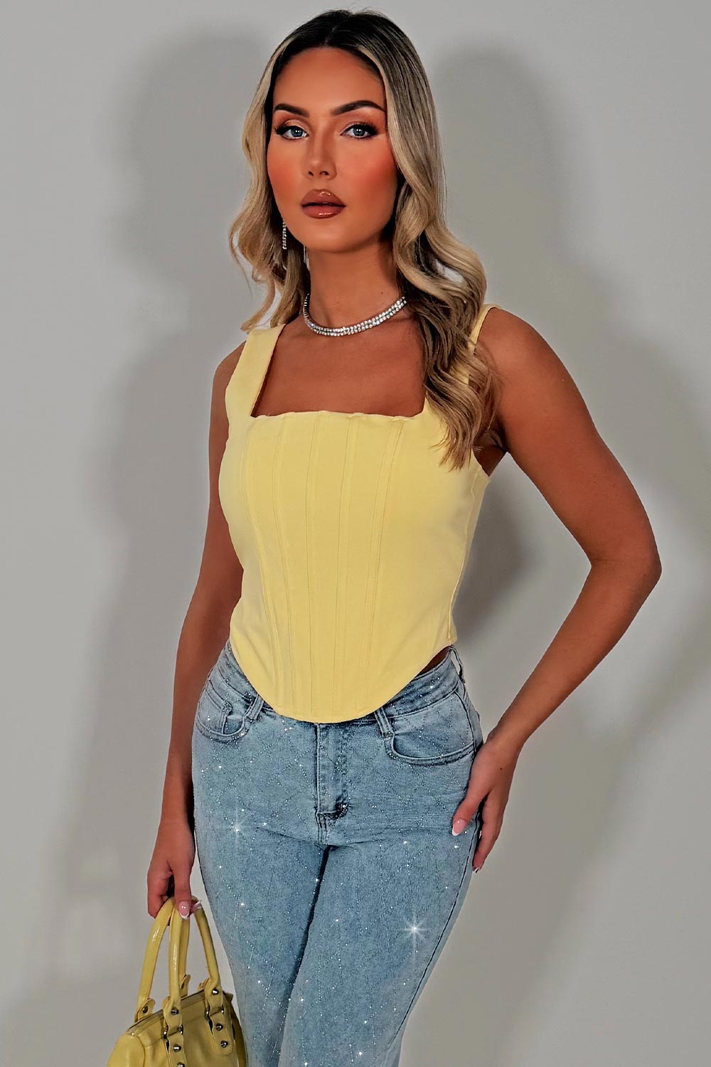 yellow corset top with tie up back festival holiday going out top styledup uk