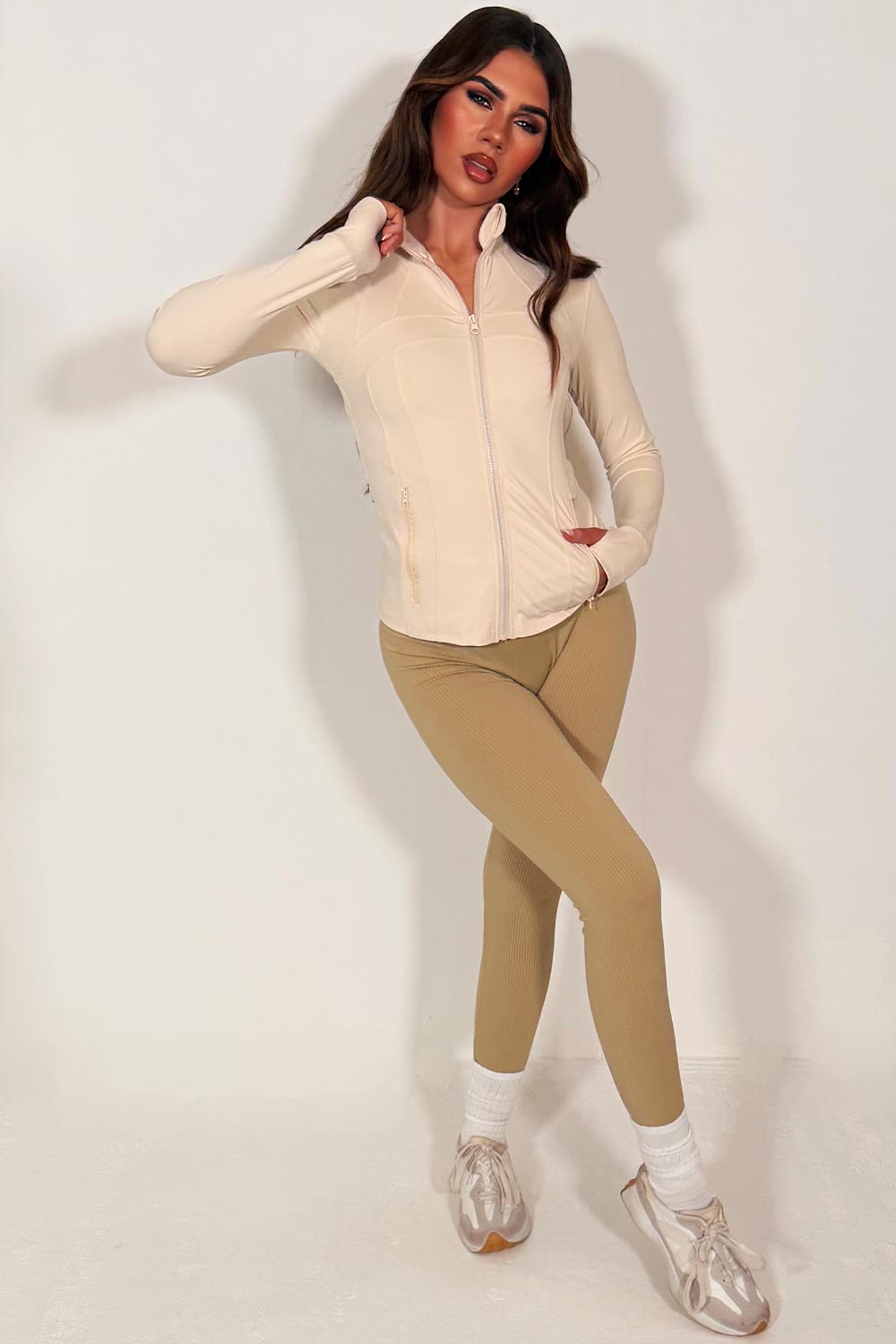 womens lululemon sports long sleeve beige jacket with thumb holes styledup