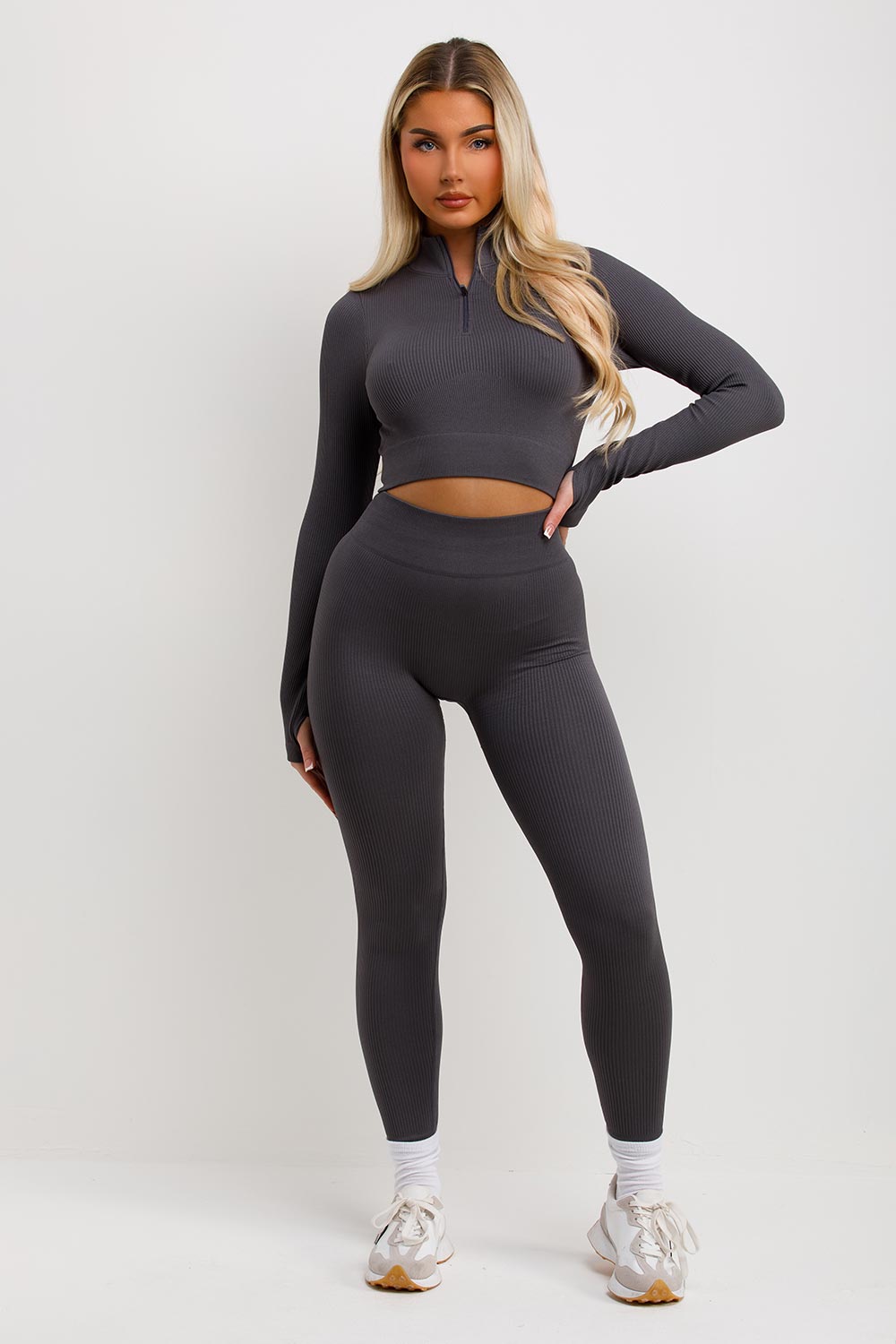 crop half zip rib tracksuit two piece set
