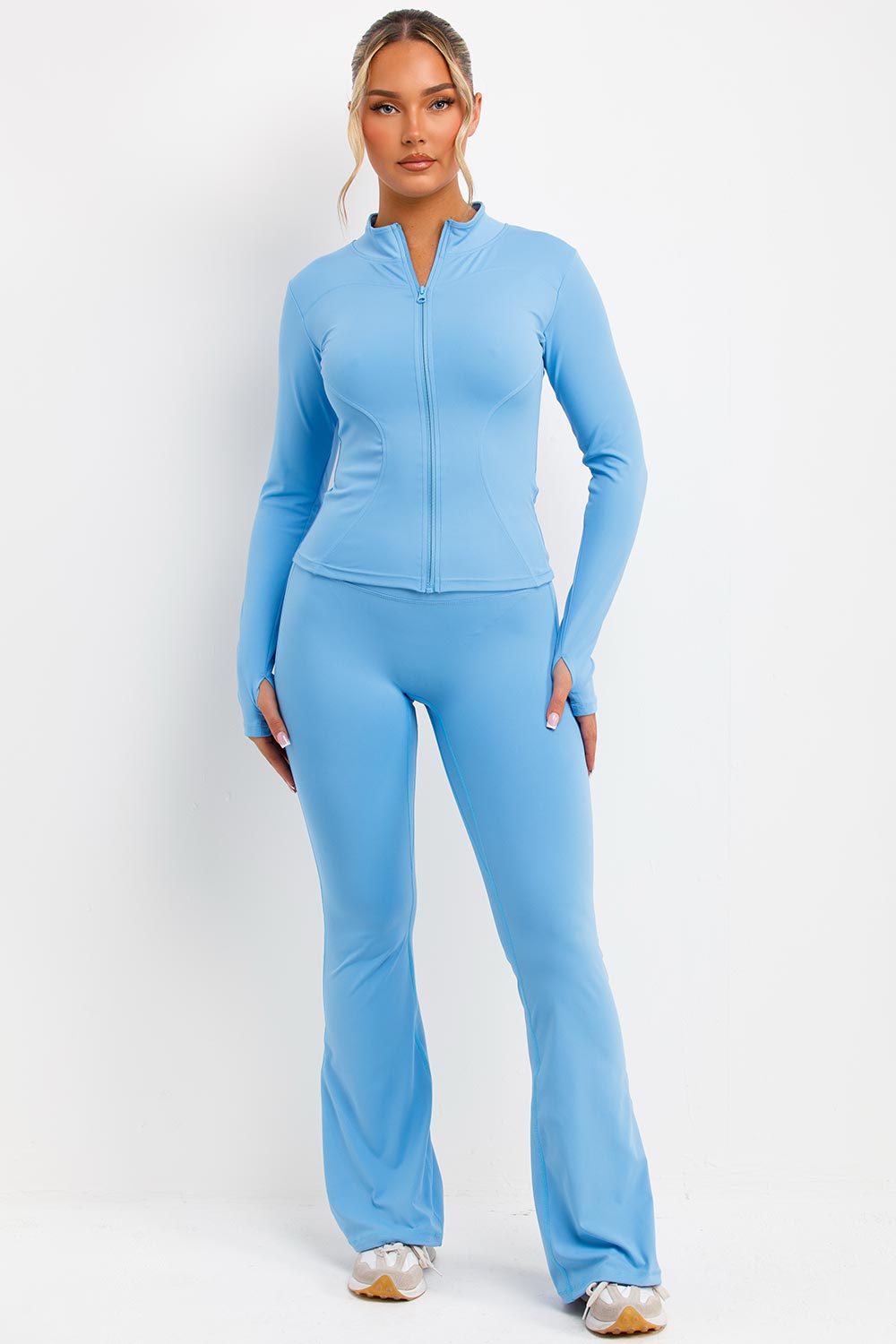 zip up sports jacket and scrunch bum flare trousers two piece set skims uk