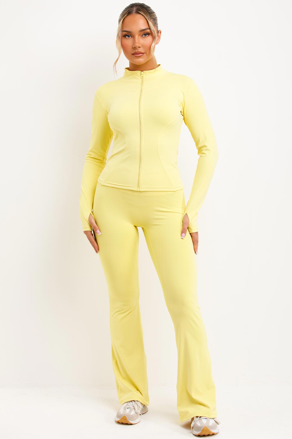 zip up sports jacket and scrunch bum flare trousers two piece set yellow