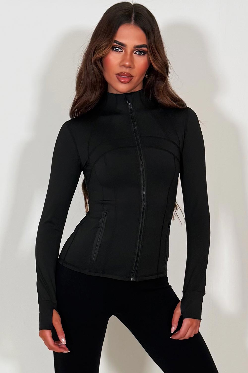 womens lululemon sports long sleeve black jacket with thumb holes styledup