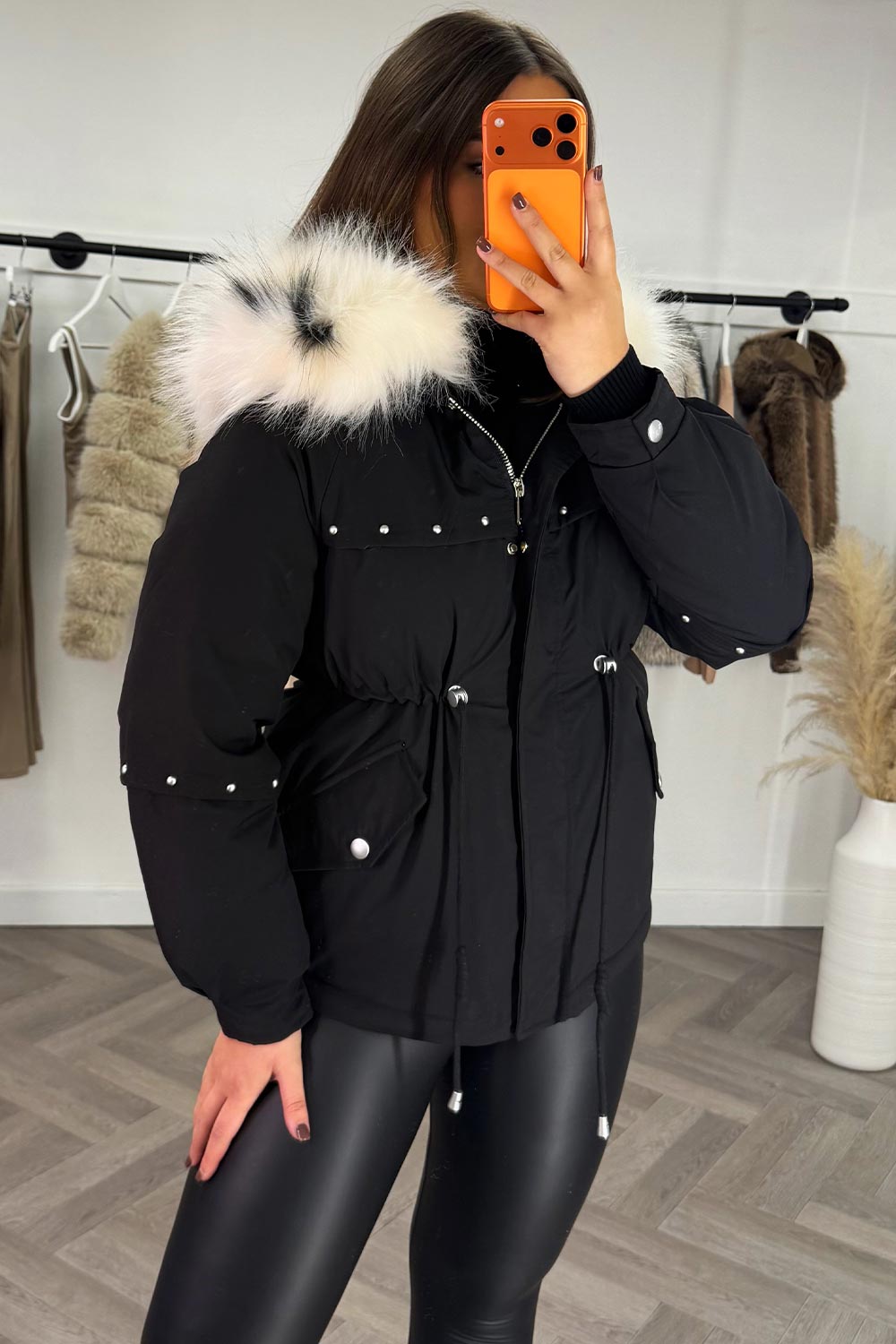 faux fur hood winter jacket with drawstring waist womens