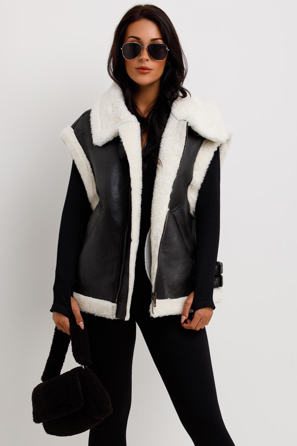 womens aviator gilet faux shearling faux leather