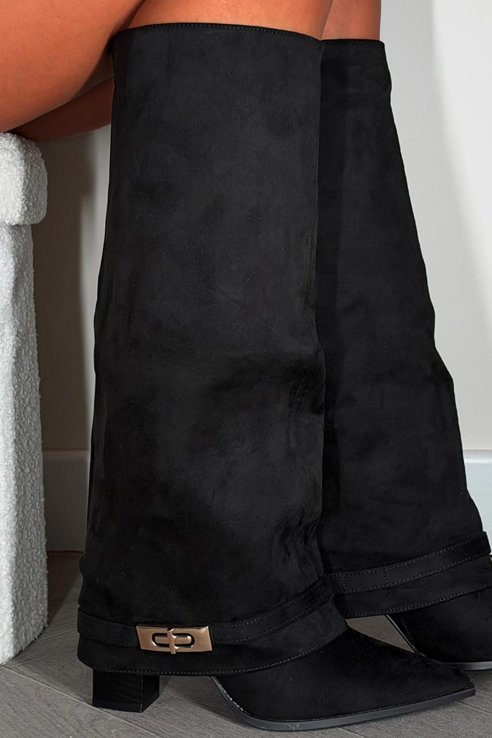 black knee high cowboy boots with side zip and gold buckle