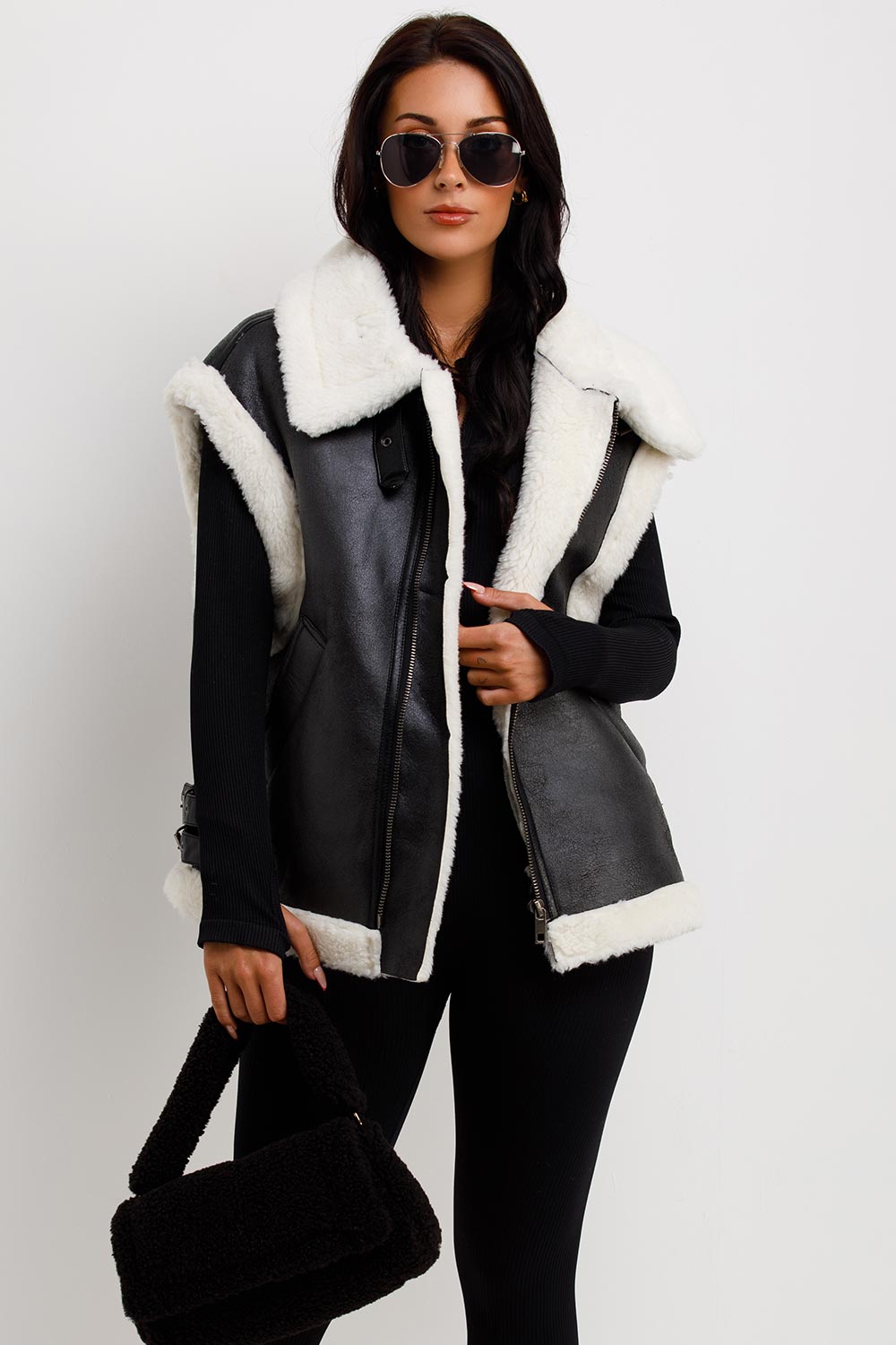 womens aviator gilet faux shearling faux leather