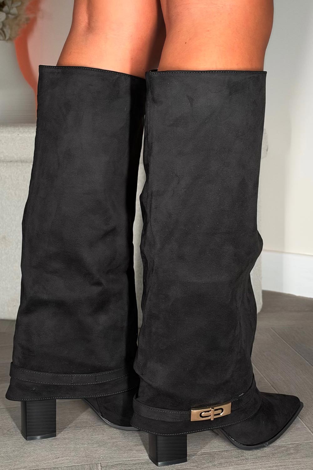 black faux suede knee high boots with block heels uk
