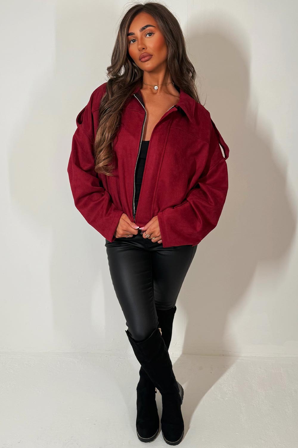 faux suede zip up bomber jacket shoulder tabs womens outerwear