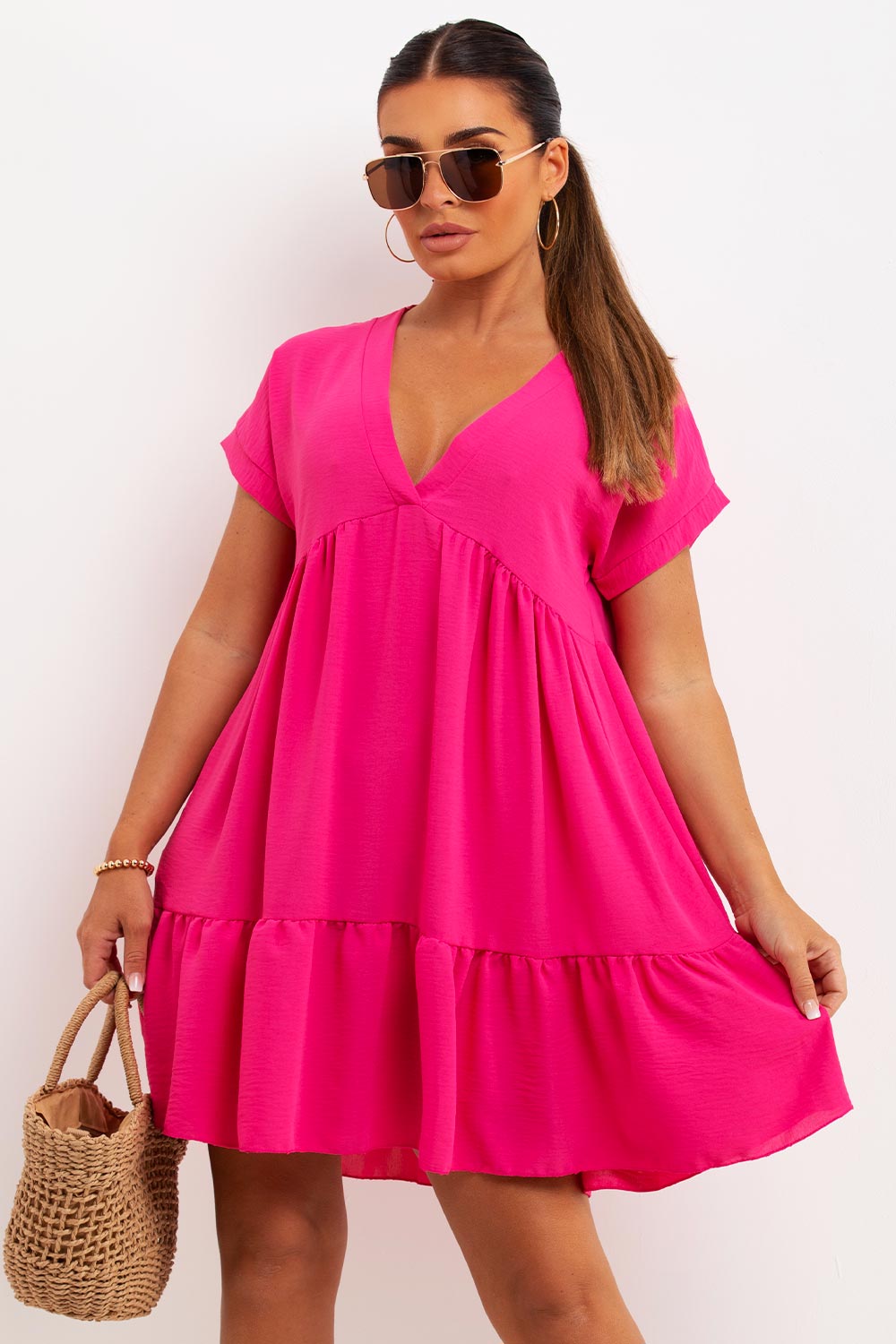 v neck frilly smock summer holiday dress