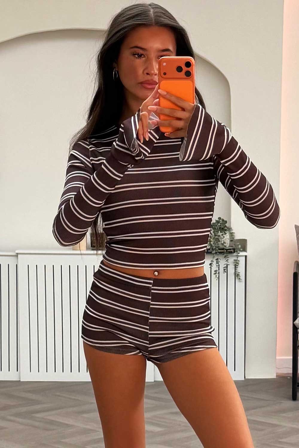 brown striped shorts and long sleeve crop top co ord set styledup uk