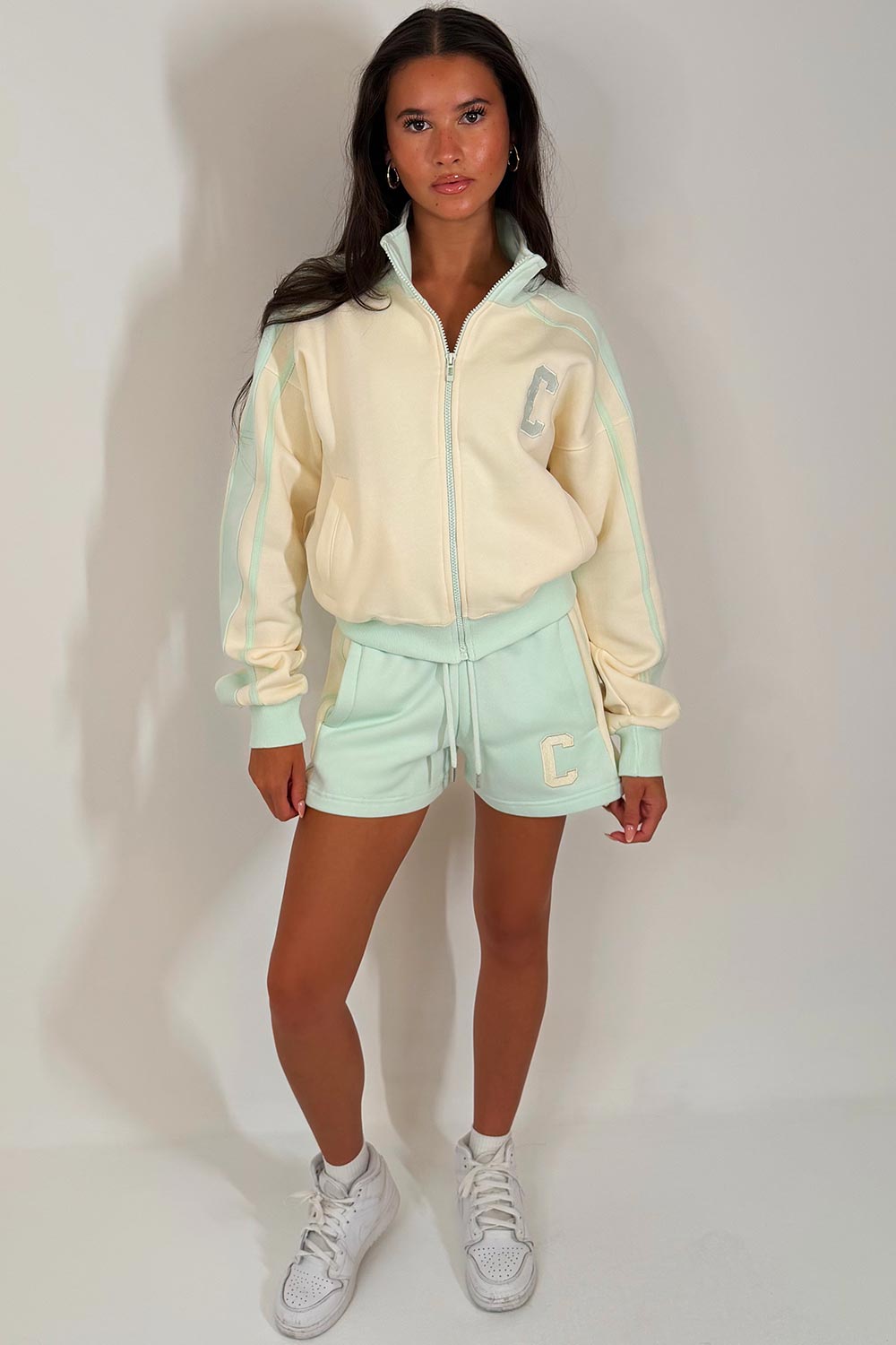 womens zip up shorts tracksuit lounge set airport outfit styledup