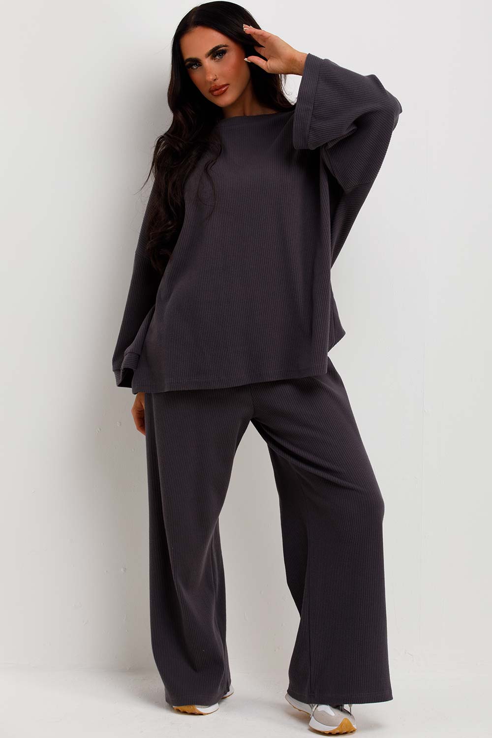 wide leg trousers and oversized ribbed top loungewear set womens uk