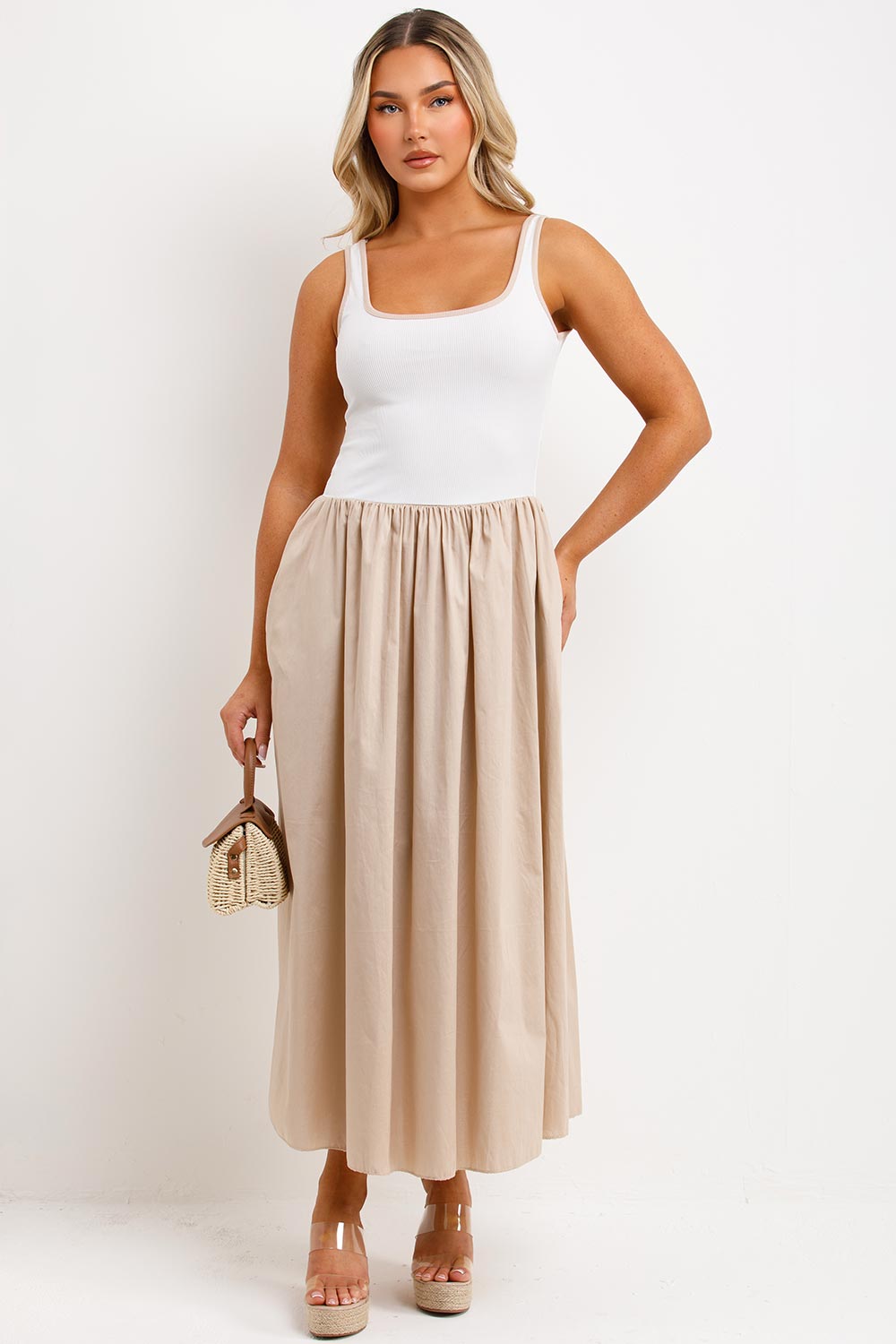 sleeveless racer maxi dress with contrast skirt