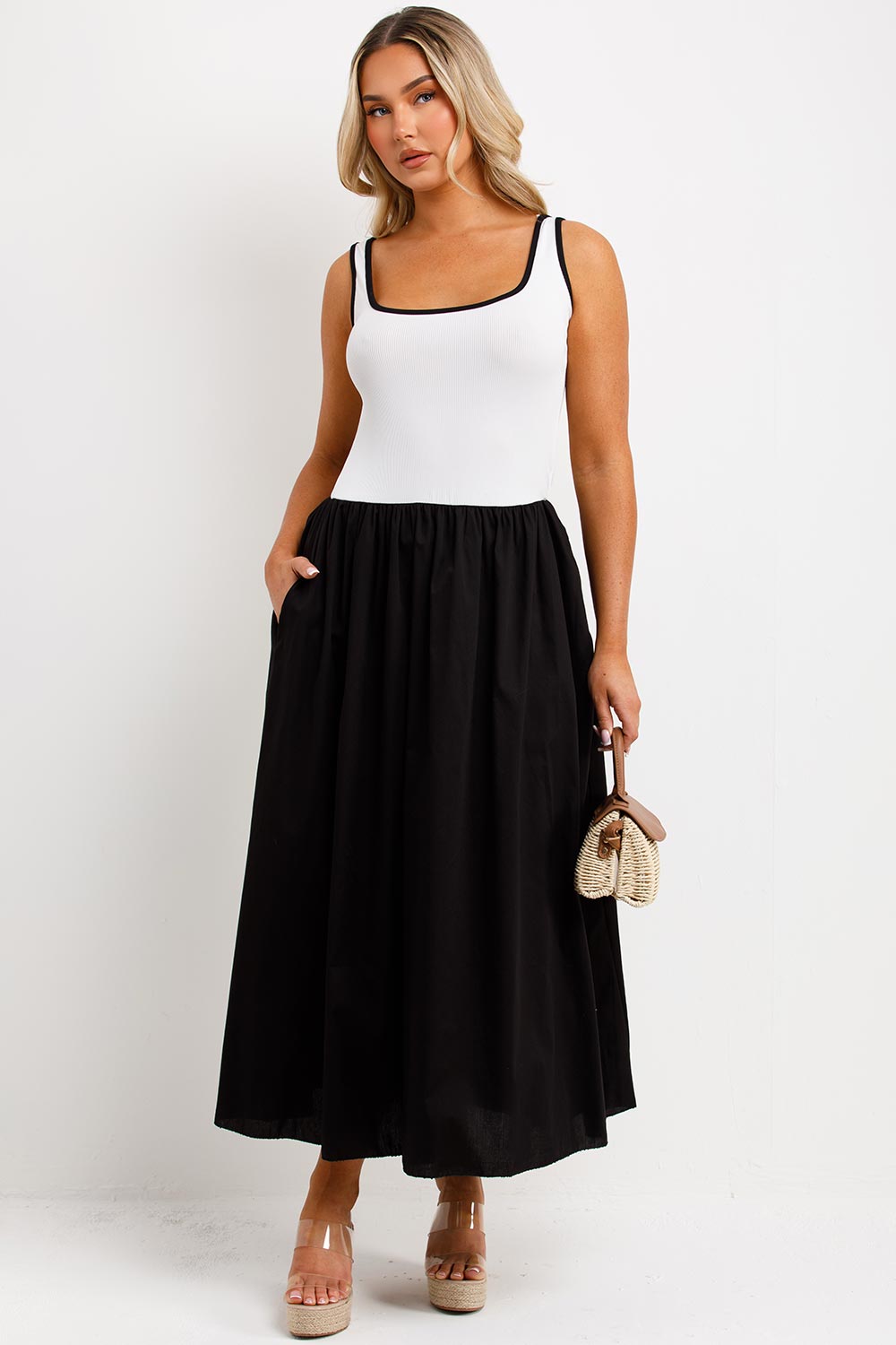 sleeveless racer maxi dress with contrast skirt