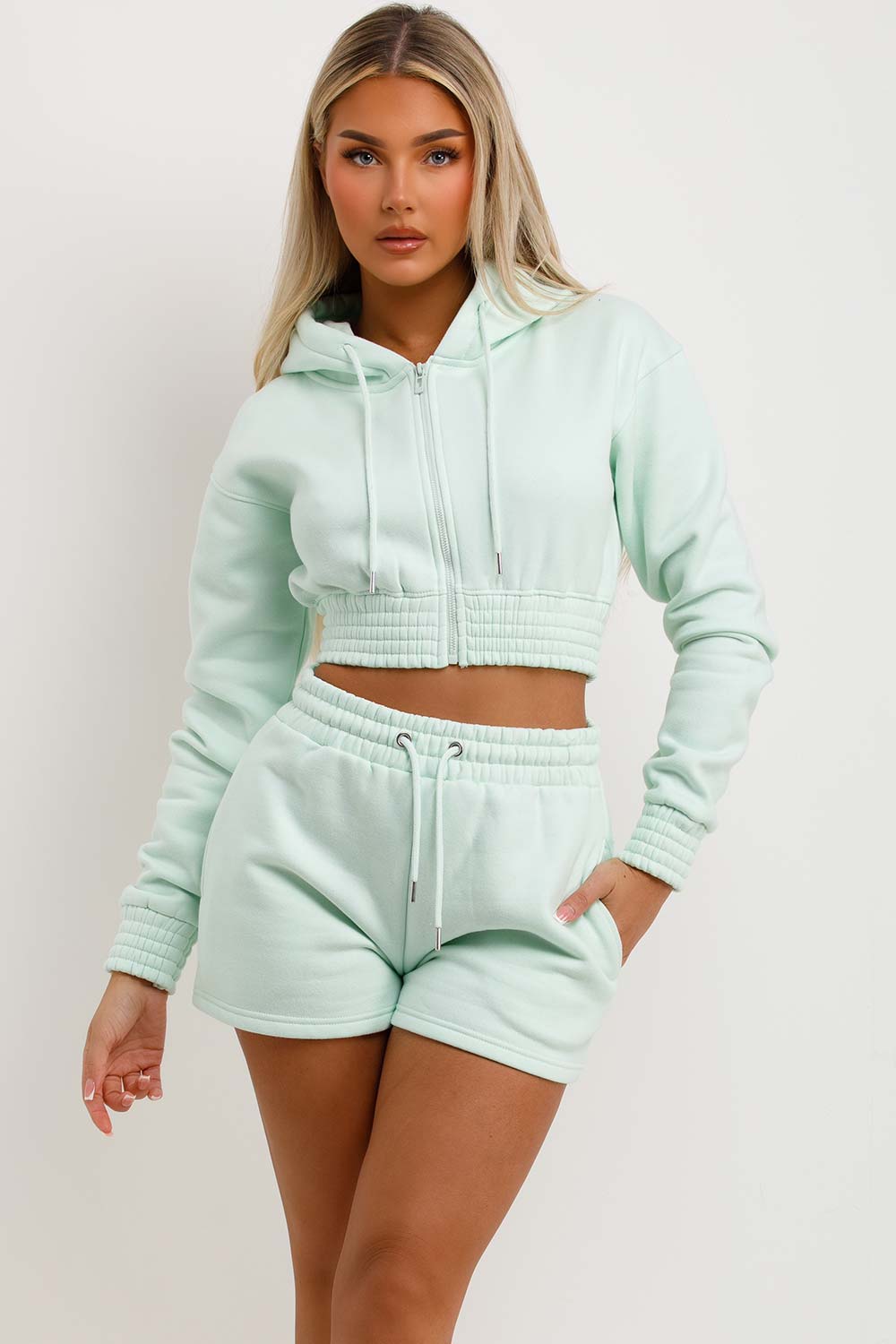 womens crop zip hoodie and shorts tracksuit co ord set summer loungewear