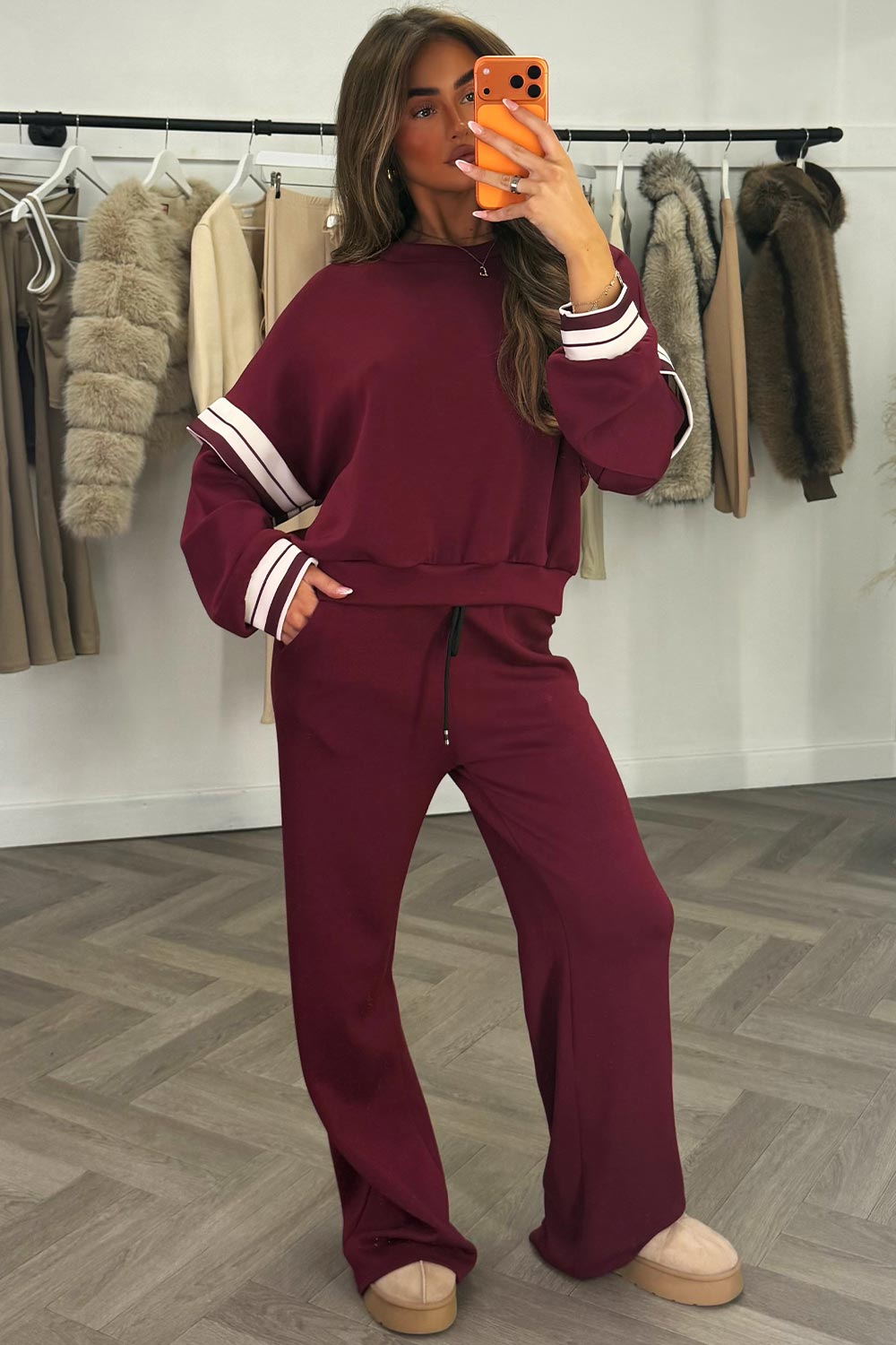 womens burgundy oversized drop shoulder sweatshirt and wide leg joggers two piece co ord tracksuit really soft premium quality