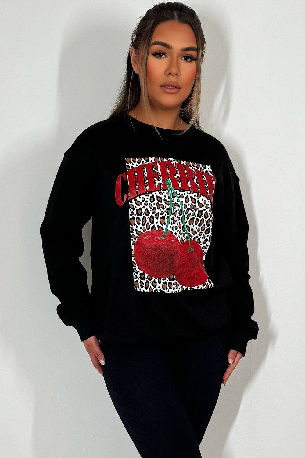 leopard cherry jumper sweatshirt black