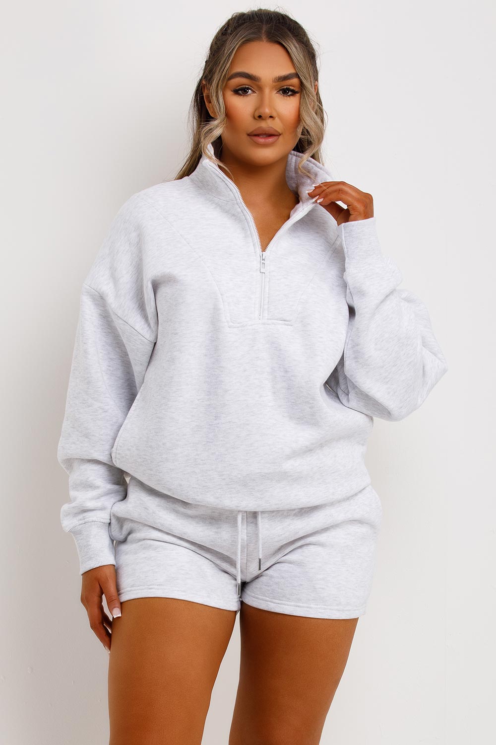 half zip sweatshirt and shorts two piece tracksuit airport outfit womens uk