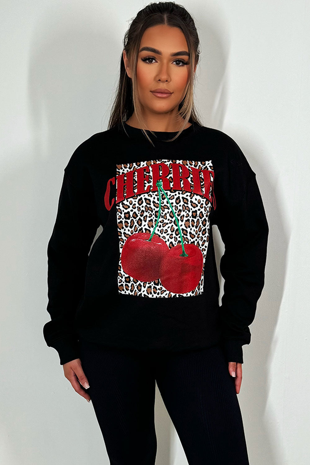 womens leopard cherry jumper sweatshirt
