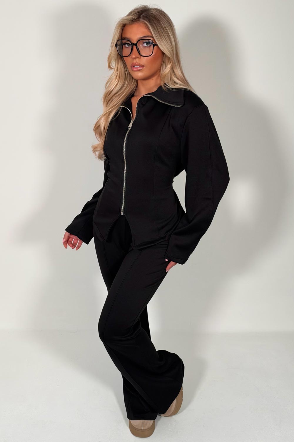 black long sleeve zip up top with tie back and trousers two piece co ord set womens loungewear styledup uk