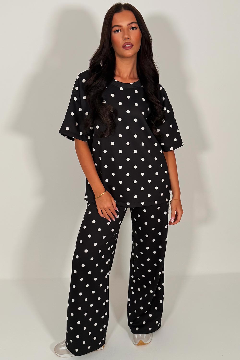 womens polka dot wide leg trousers and top co ord set styledup sale uk